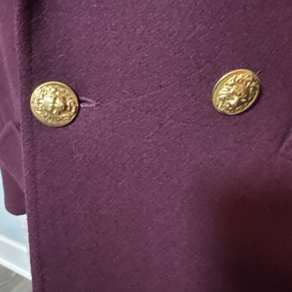 Donnybrook Maroon Long Wool Peacoat Gold Lion Buttons Size 12 Paisley Liner - Picture 2 of 13